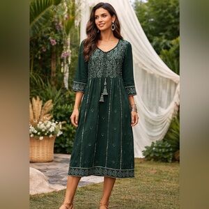 Dark Green Mirror Embellished Tunic Dress Boho Festival Indie Ethnic Large